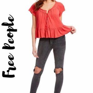 Free People Charlie Tee Cropped Tie front blouse size L